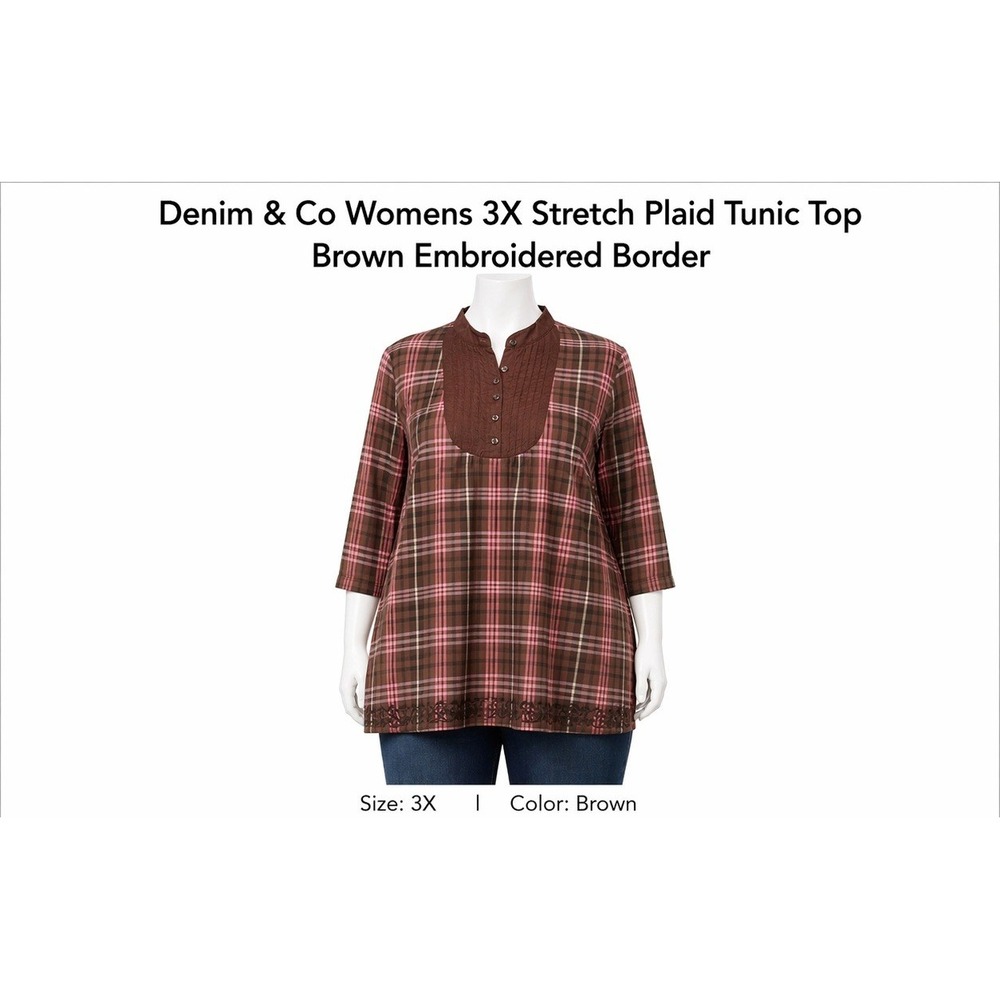 Denim & Co Womens 3X Stretch‎ Plaid Tunic Top Brown Embroidered Border A93886